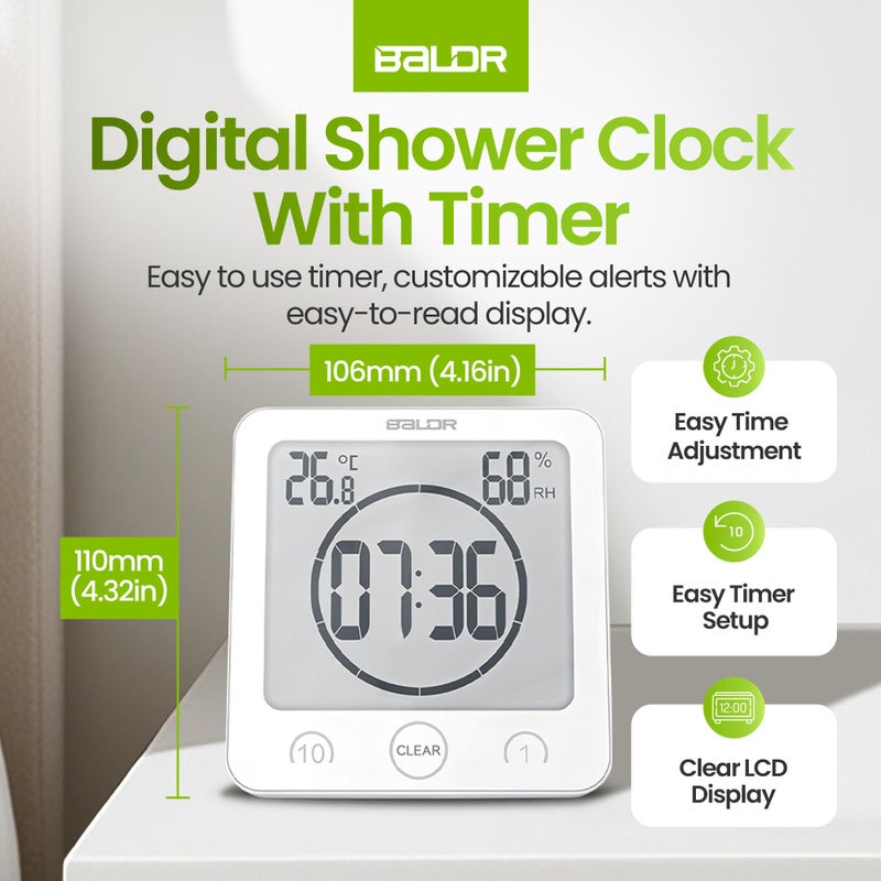BALDR Digital Shower Clock with Timer - White - Water-Resistant Shower Timer  Countdown Timer Clock with Temperature and Humidity  Digital Clock for Shower  Bathroom Clock  Alarm Clock Battery Powered - Image 3